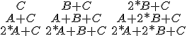 \begin{tabular}{ccc}C&B+C&2*B+C\\A+C&A+B+C&A+2*B+C\\2*A+C&2*A+B+C&2*A+2*B+C\end{tabular}
